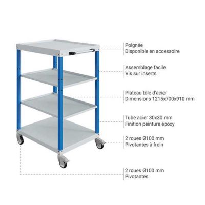 Servante d'atelier bleue - 4 Plateaux 700x1215mm - Charge max 150kg - W020060016-BIGC