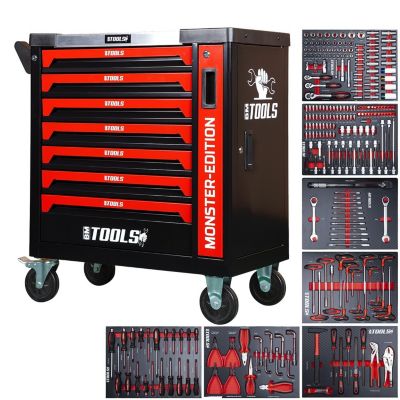 Servante d'atelier BM TOOLS 9/7 MONSTER-EDITION-RED 7 tiroirs pleins, 1 porte & 1 tiroir vertical - 257 outils - Sur roulettes