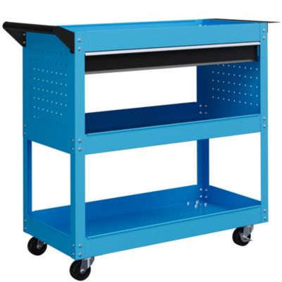 Servante d'atelier chariot à outils 2 étagères plateau grand tiroir tablette à outils acier bleu noir