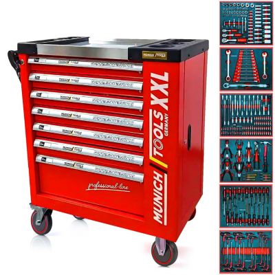 Servante d'Atelier MUNICH TOOLS XXL Cabinet 7/6 Rouge, sur 4 roulettes 7 tiroirs dont 6 outillés - 1 placard Latéral, Clé Dynamo