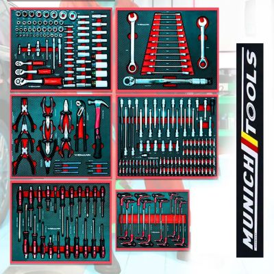 Servante d'Atelier MUNICH TOOLS XXL Cabinet 7/6 Rouge, sur 4 roulettes 7 tiroirs dont 6 outillés - 1 placard Latéral, Clé Dynamo