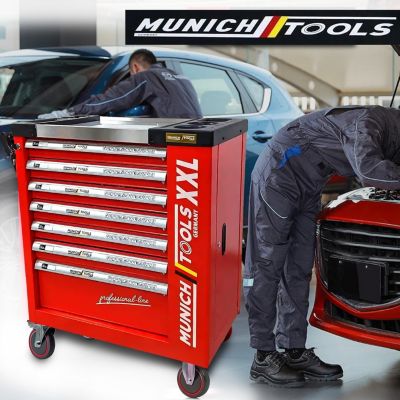 Servante d'Atelier MUNICH TOOLS XXL Cabinet 7/6 Rouge, sur 4 roulettes 7 tiroirs dont 6 outillés - 1 placard Latéral, Clé Dynamo