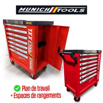 Servante d'Atelier MUNICH TOOLS XXL Cabinet 7/6 Rouge, sur 4 roulettes 7 tiroirs dont 6 outillés - 1 placard Latéral, Clé Dynamo