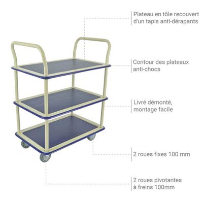 Servante polyvalente anti-chocs - 3 plateaux / Cap. 200kg - 885007682