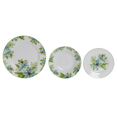 Service de table en porcelaine 18 pièces, 27 x 27 x 2 cm, motif feuilles vertes