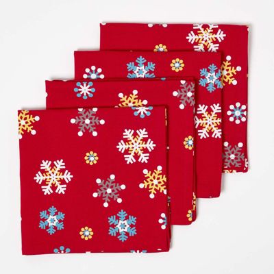 Serviette de table noël en coton - Lot de 4 - flocons de neige rouge - HOMESCAPES - Lavable en machine