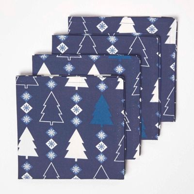 Serviette de table noël en coton - Lot de 4 - sapins bleu - HOMESCAPES - Lavable en machine