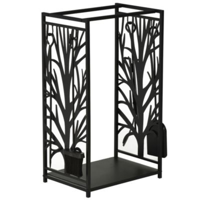 Serviteur de cheminée arbre - porte bûches - range bûches multi accessoires étagère 46L x 29l x 70H cm acier noir
