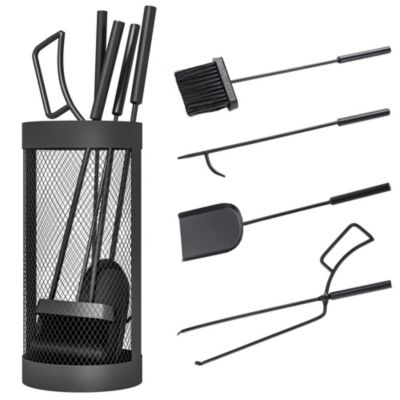 Serviteur de cheminée moderne 5 pièces - balai, pelle, pince, tisonnier, seau - métal noir