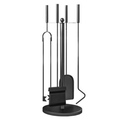 Serviteur de cheminée moderne 5 pièces - balai, pelle, pince, tisonnier, support - métal noir