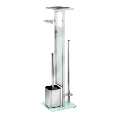 Serviteur WC design en inox avec base en verre Argent, L. 21 x l. 18 x H. 70 cm, DEBAR