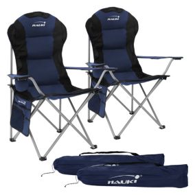 Set 2x Chaise de camping pliante bleu avec porte-boisson+sac de transport 150 kg