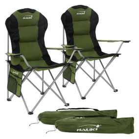 Set 2x Chaise de camping pliante kaki avec porte-boisson+sac de transport 150 kg