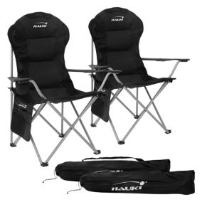 Set 2x Chaise de camping pliante noir avec porte-boisson+sac de transport 150 kg