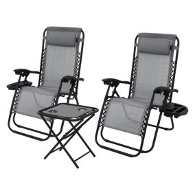 Set 2x chaise longue avec table et appui-tête+porte-boisson bain de soleil gris
