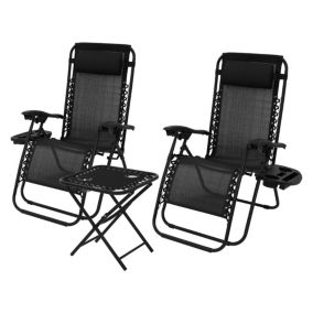 Set 2x chaise longue avec table et appui-tête+porte-boisson bain de soleil noir