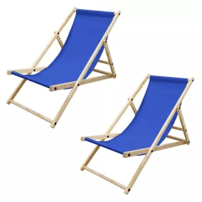 Set 2x chaise longue pliante bois de pin, bleu foncé 120kg