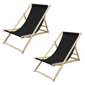 Set 2x chaises longue pliante bois de pin, noir, 120kg, intérieur/extérieur