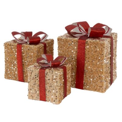 Set 3 boîtes cadeaux de Noël avec LED décoration illuminée marron/rouge minuteur