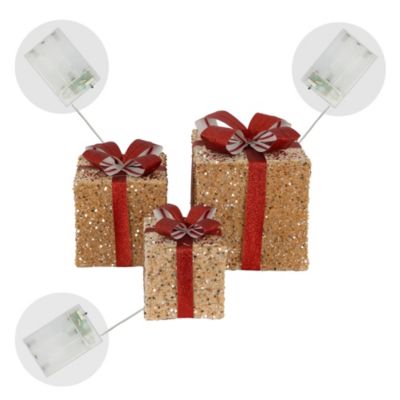 Set 3 boîtes cadeaux de Noël avec LED décoration illuminée marron/rouge minuteur