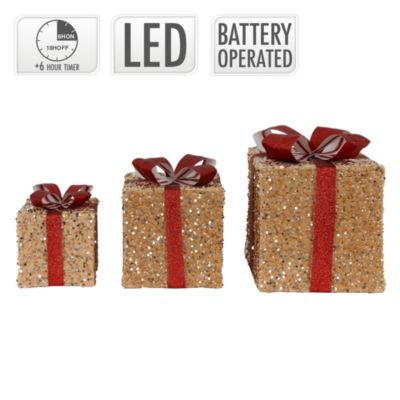 Set 3 boîtes cadeaux de Noël avec LED décoration illuminée marron/rouge minuteur