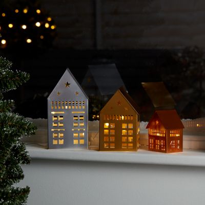 Set 3 mini maison métal LED blanc chaud