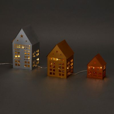 Set 3 mini maison métal LED blanc chaud
