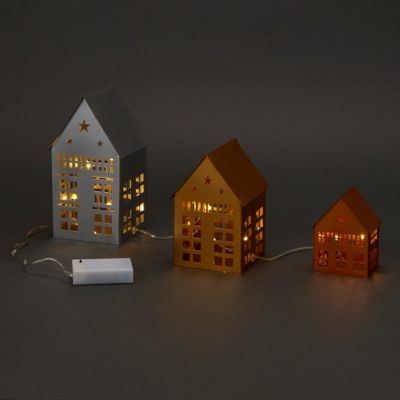 Set 3 mini maison métal LED blanc chaud