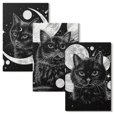 Set 3 Tableaux Toile Tendue Wallfluent 40x60 cm Chats Noirs Espace Lunaire Composition Harmonisée Déco Murale Salon
