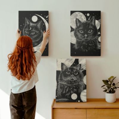 Set 3 Tableaux Toile Tendue Wallfluent 40x60 cm Chats Noirs Espace Lunaire Composition Harmonisée Déco Murale Salon