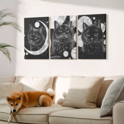 Set 3 Tableaux Toile Tendue Wallfluent 40x60 cm Chats Noirs Espace Lunaire Composition Harmonisée Déco Murale Salon