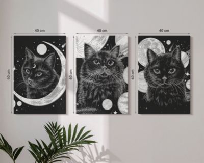 Set 3 Tableaux Toile Tendue Wallfluent 40x60 cm Chats Noirs Espace Lunaire Composition Harmonisée Déco Murale Salon