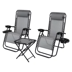 Set 3x chaise longue avec table et appui-tête+porte-boisson bain de soleil gris