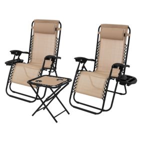 Set 3x chaise longue avec table et appui-tête+porte-boisson bain de soleil taupe