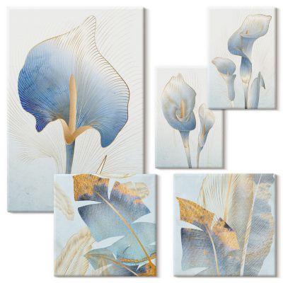 Set 5 Tableaux sur Châssis 2cm Épaisseur Wallfluent Fleurs Bleues En ...