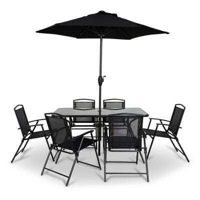 Ensemble Salon de Jardin 6 Pcs 4 Chaises Pliantes Table Basse en Verre et  Parasol pour Terrasse Piscine Cour Noir - Costway