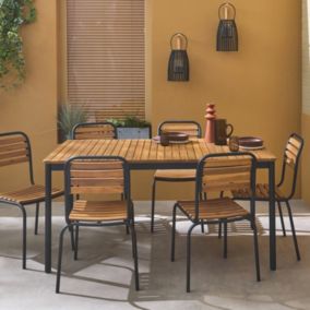 Set complet noir table + 6 chaises TABARA. acier et bois d'acacia FSP