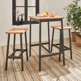 Set complet table de bar extérieur + 2 tabouret bois d'eucalyptus couleur anthracite anticorrosion IPIRA