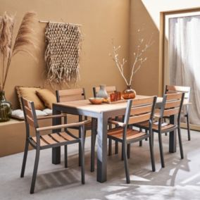 Set complet tables de jardin extensible papillon 150/195cm anthracite + 6 fauteuils empilables. bois d'eucalyptus et structure