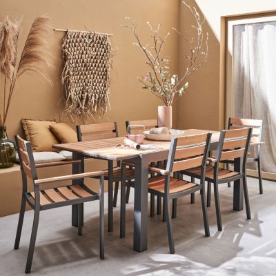 Set complet tables de jardin extensible papillon 150/195cm anthracite + 6 fauteuils empilables. bois d'eucalyptus et structure