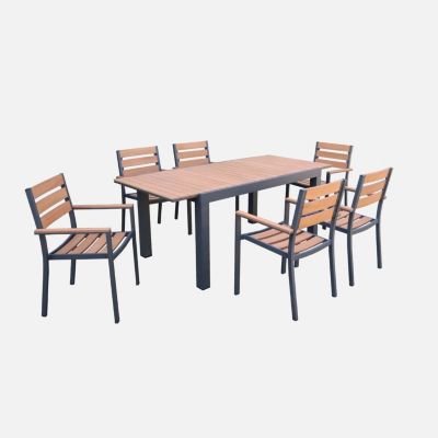 Set complet tables de jardin extensible papillon 150/195cm anthracite + 6 fauteuils empilables. bois d'eucalyptus et structure