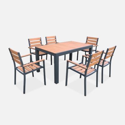 Set complet tables de jardin extensible papillon 150/195cm anthracite + 6 fauteuils empilables. bois d'eucalyptus et structure