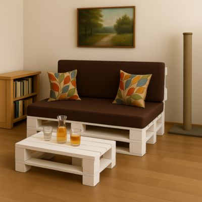 Set coussins palette 120x80 / 120x40cm Marron Coussins de jardin avec housses amovibles pour une utilisation int/ext.