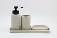 Set d'accessoires de salle de bain beige : Gobelet + Porte savon + Distributeur de savon + plateau en céramique