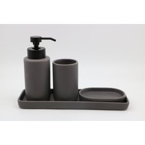 Set d'accessoires de salle de bain gris : Gobelet + Porte savon + Distributeur de savon + plateau en céramique