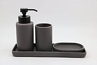 Set d'accessoires de salle de bain gris : Gobelet + Porte savon + Distributeur de savon + plateau en céramique Azao
