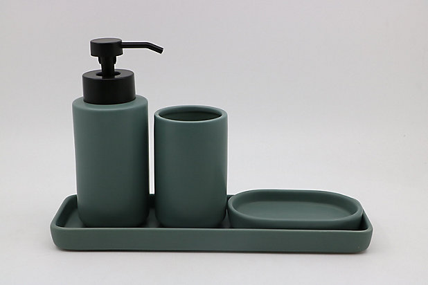 Set d'accessoires de salle de bain vert : Gobelet + Porte savon +  Distributeur de savon + plateau en céramique Azao