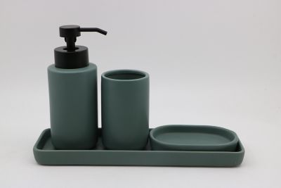 Set d'accessoires de salle de bain beige : Gobelet + Porte savon +  Distributeur de savon + plateau en céramique Azao
