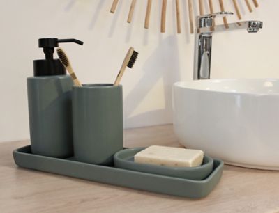 Set d'accessoires de salle de bain vert : Gobelet + Porte savon + Distributeur de savon + plateau en céramique Azao