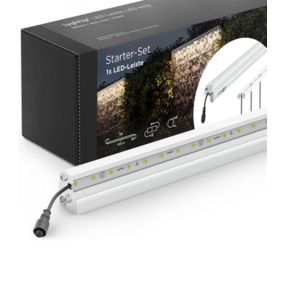 Set d'éclairage pour clôture en métal/gabion: 1x Barette LED de Lg. 2460 m/m, Anodisée argent, 1 tranformateur EU, 1 prolongateur